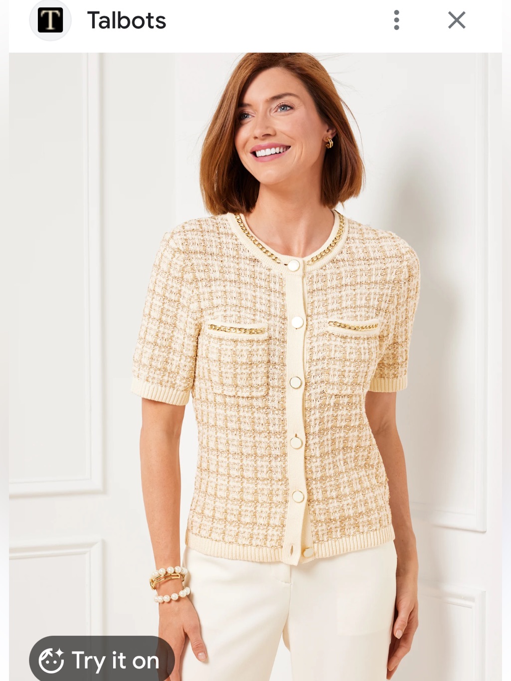 Talbots Short Sleeve Button-Up Knit Sweater Cardigan Metallic Jacquard Szxl
